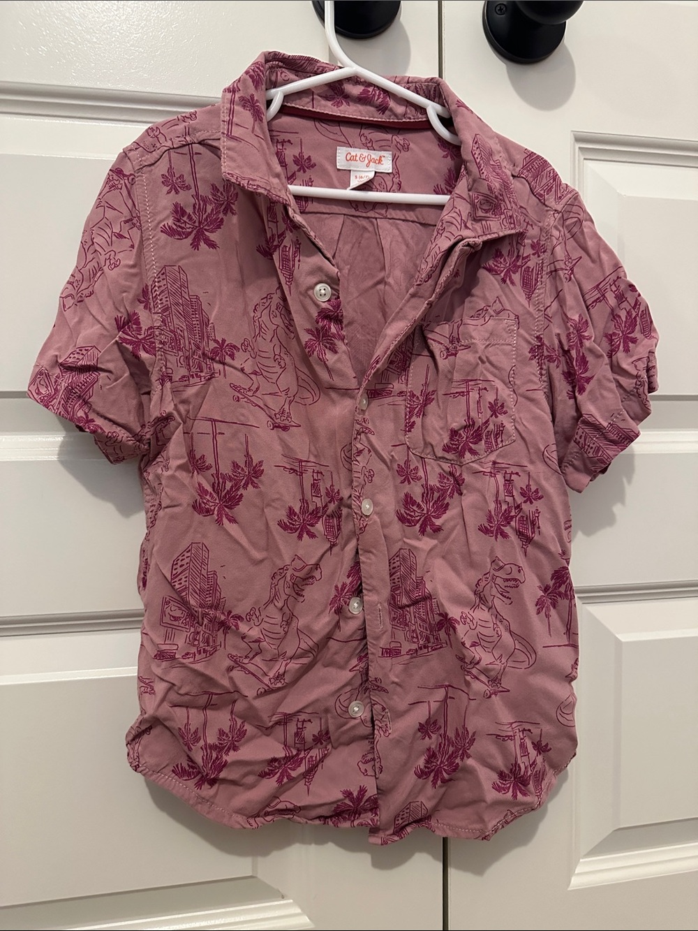 Cat & Jack Mauve Pink Short Sleeve Button-Up Shirt with Tropical Dino Print